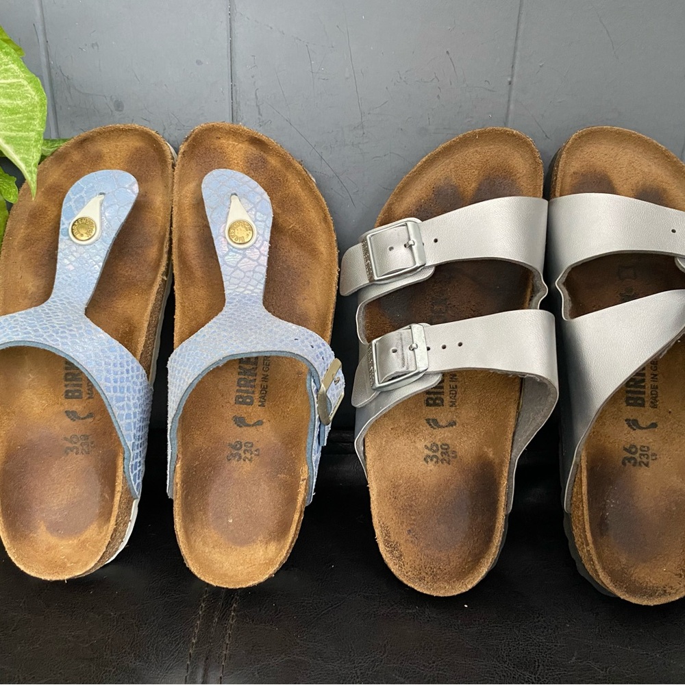 LOT 2 Pre-owned Birkenstock Arizona & Gizeh Sandals Duo in Blue and Gray 36/5